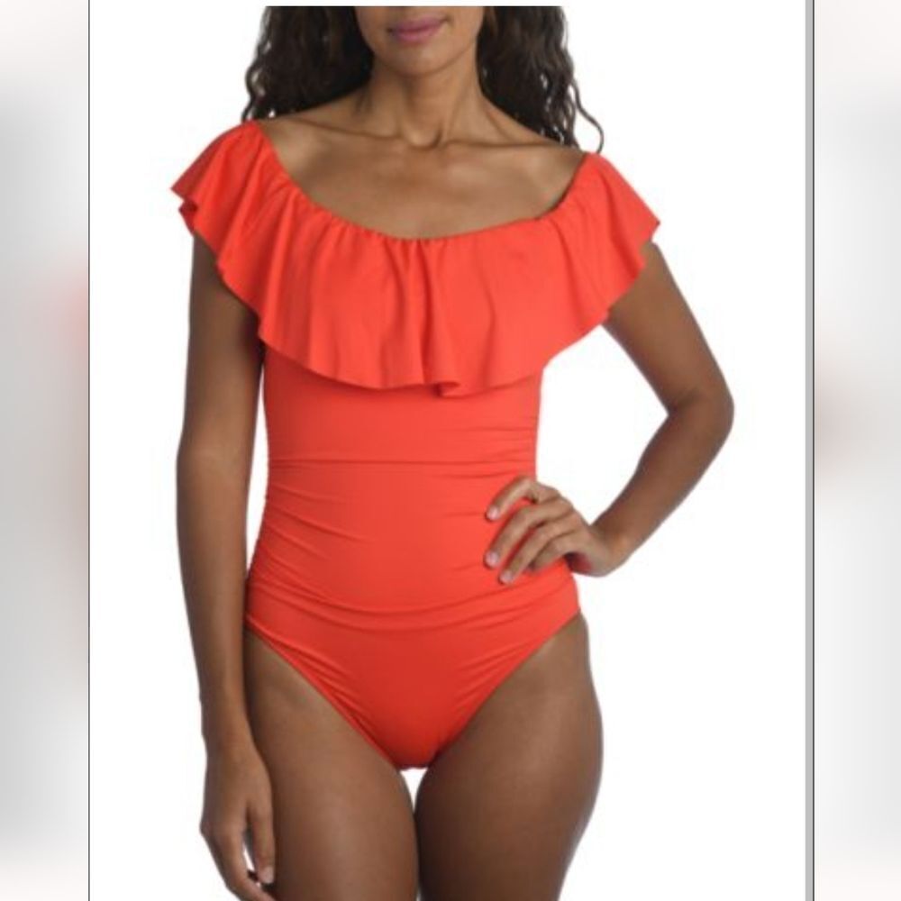 NWT LA BLANCA Island Ruched Off-The-Shoulder One-Piece Swimsuit